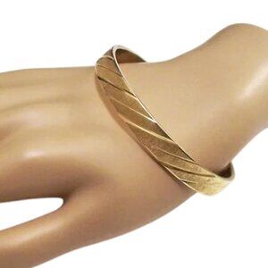 Monet Slant Lined Brushed Bracelet Bangle Vintage Etched Ribbed Gold Tone Wide
